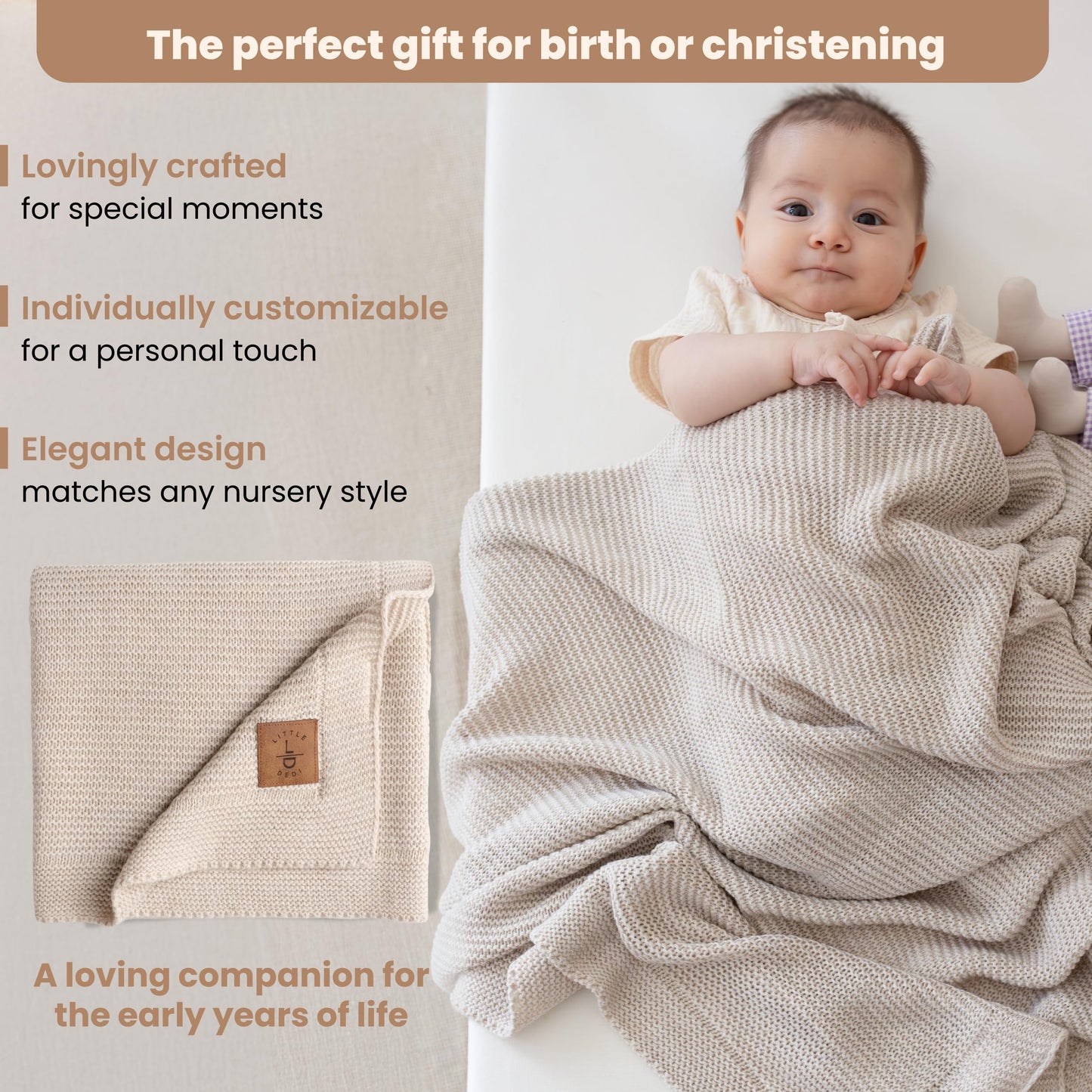 Little Dedi Soft Knit Baby Blanket 30x40 in, Stone – Oeko-Tex Certified, Breathable Swaddle & Receiving Blanket for Newborns, Crib & Stroller, Machine Washable