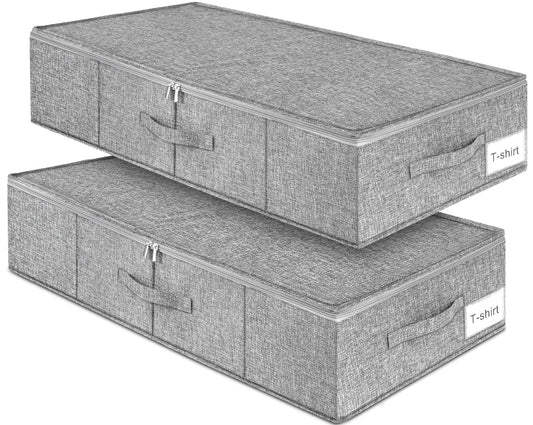 Under Bed Storage, 2 Pack Underbed Storage Container Bags With Lid, Foldable Sturdy Clothes Storage Drawer Organizer W/ 3 Handles, Ultra Thick Fabric Blanket Shoe Storage Box, 30x15x6.7inch, Grey