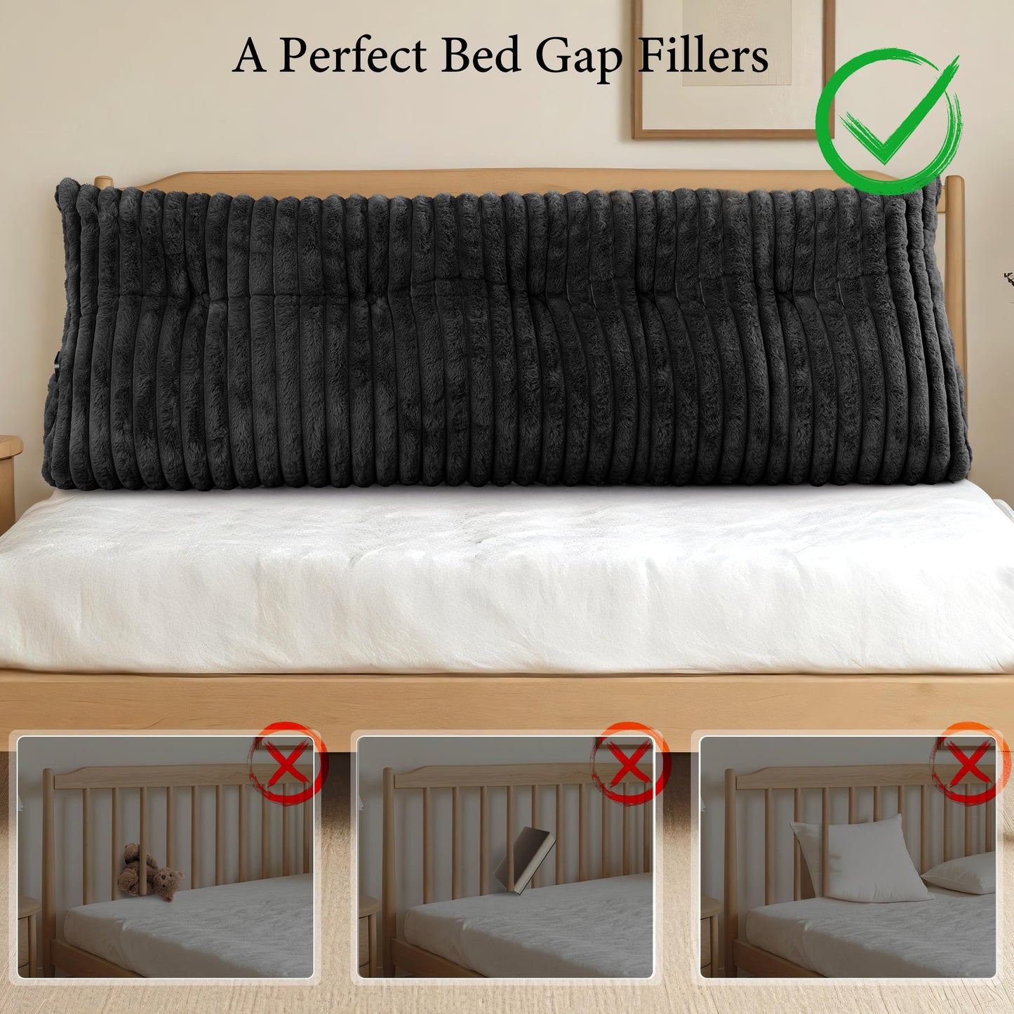 Dorivalley Headboard Pillow Queen, Triangular Wedge Pillow Headboard Queen, Cushion Headboards Reading Pillows, Backrest Pillows for Sitting in Bed or Working with Removable Cover, Black