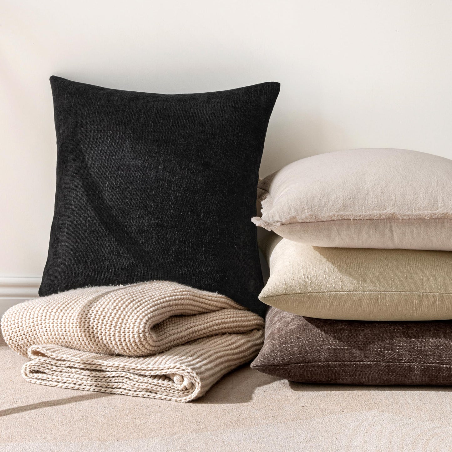 MIULEE Pack of 2 Decorative Throw Pillow Covers Soft Chenille Throw Pillows Solid Neutral Farmhouse Textured Cushion Covers for Couch Sofa Bedroom Living Room 20x20 Inch, Black