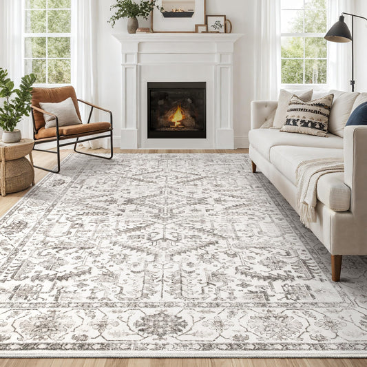 5x7 Area Rugs for Living Room - Washable Soft Large Vintage Rug Non-Slip Stain Resistant Traditional Stain Resistant Indoor Floor Low Pile Carpet for Bedroom Dining Room or Home Office - White