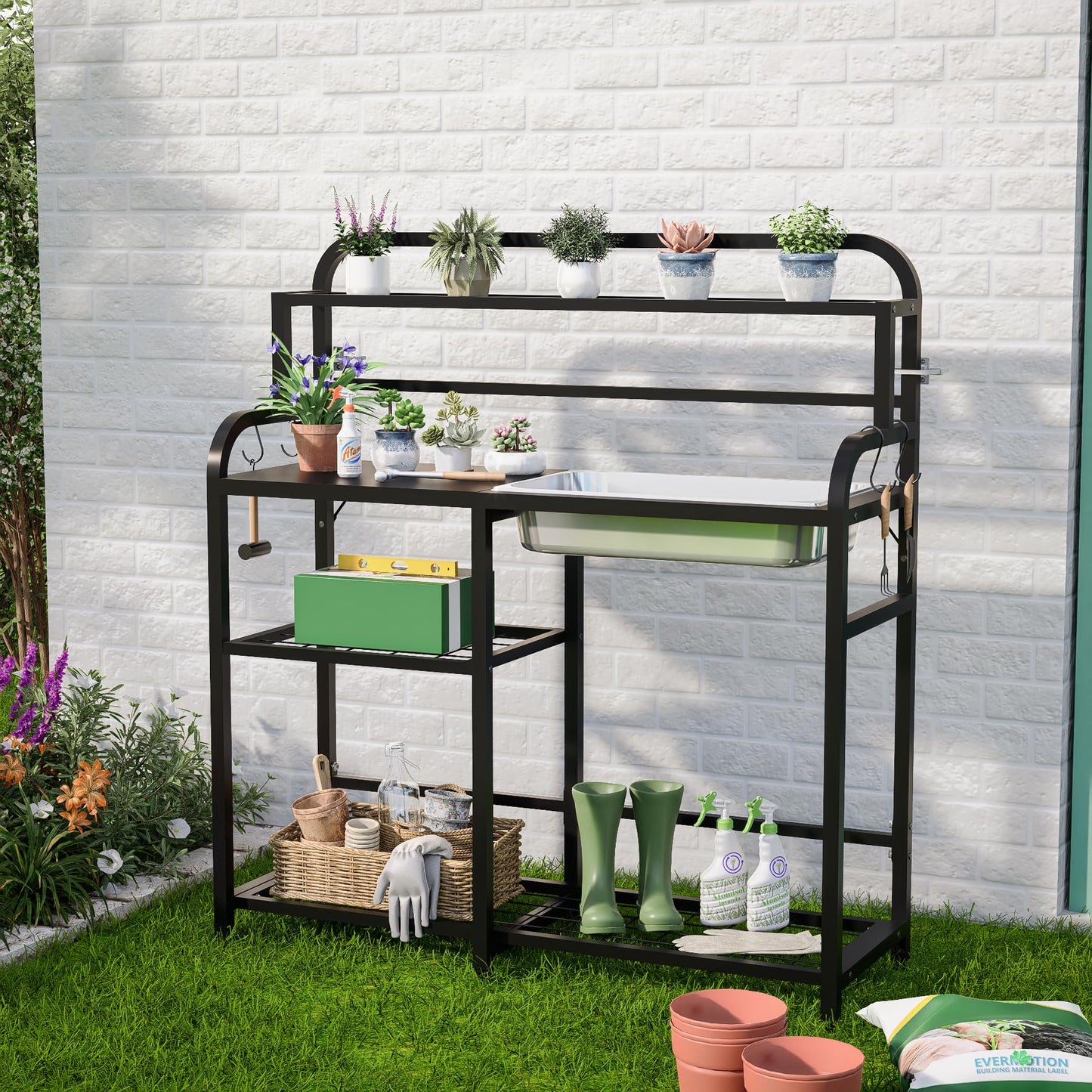 FUXJUM Outdoor Potting Bench Table with Sink & Storage, Heavy Duty Metal Gardening Workbench, 4-Tier Garden Potting Station with Hooks, Adjustable Height Planting Table for Patio Lawn Backyard, Black