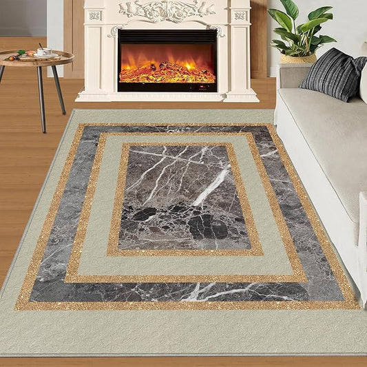 Light Luxury Marble Area Rugs Gilded Stripe Geometry Area Carpet Abstract Marble Texture Rug Stone Crack Carpet for Living Room Study Bedroom 4x5ft