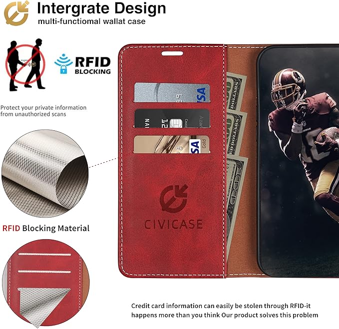 CIVICASE for iPhone 13 Pro Wallet Case,Leather Flip Case [RFID Blocking] Credit Card Holder Folio Magnetic Stand TPU Shockproof Cover Color Matching for iPhone 13 Pro (6.1") Red Brown