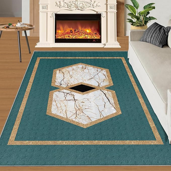 Jadeite Marble Area Rug Abstract Marble Texture Area Rugs for Living Room Light Luxury Stone Crack Carpet Gold Geometric Stripes Outdoor Carpet for Bedroom Living Room 4x6ft