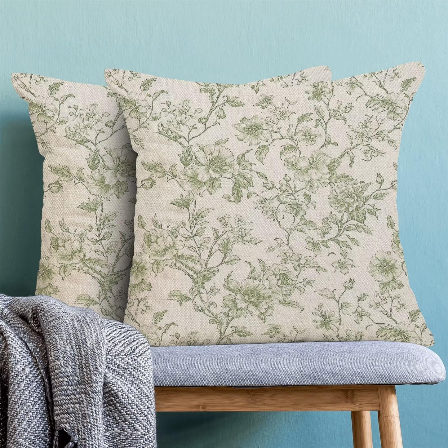 Chinoiserie Sage Green Floral Pillow Covers 18x18 Inch Set of 2, Neutral Seasonal Print Outdoor Decorative Spring Flower Throw Pillows Rustic Flower Couch Cushion Case for Chair Sofa Bedroom