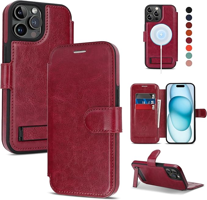 CIVICASE for iPhone 14 Pro Max Wallet Case with Stand,PU Leather Flip Credit Card Holder Slots (RFID Blocking),Compatible with Magsafe Magnetic Holder Phone Cover Women Men,Wine Red