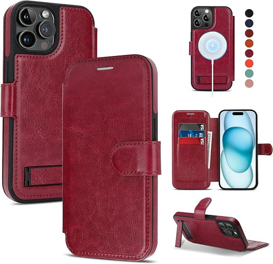 CIVICASE for iPhone 15 Pro Wallet Case with Stand,PU Leather Flip Credit Card Holder Slots (RFID Blocking),Compatible with Magsafe Magnetic Holder Phone Cover Women Men,Wine Red