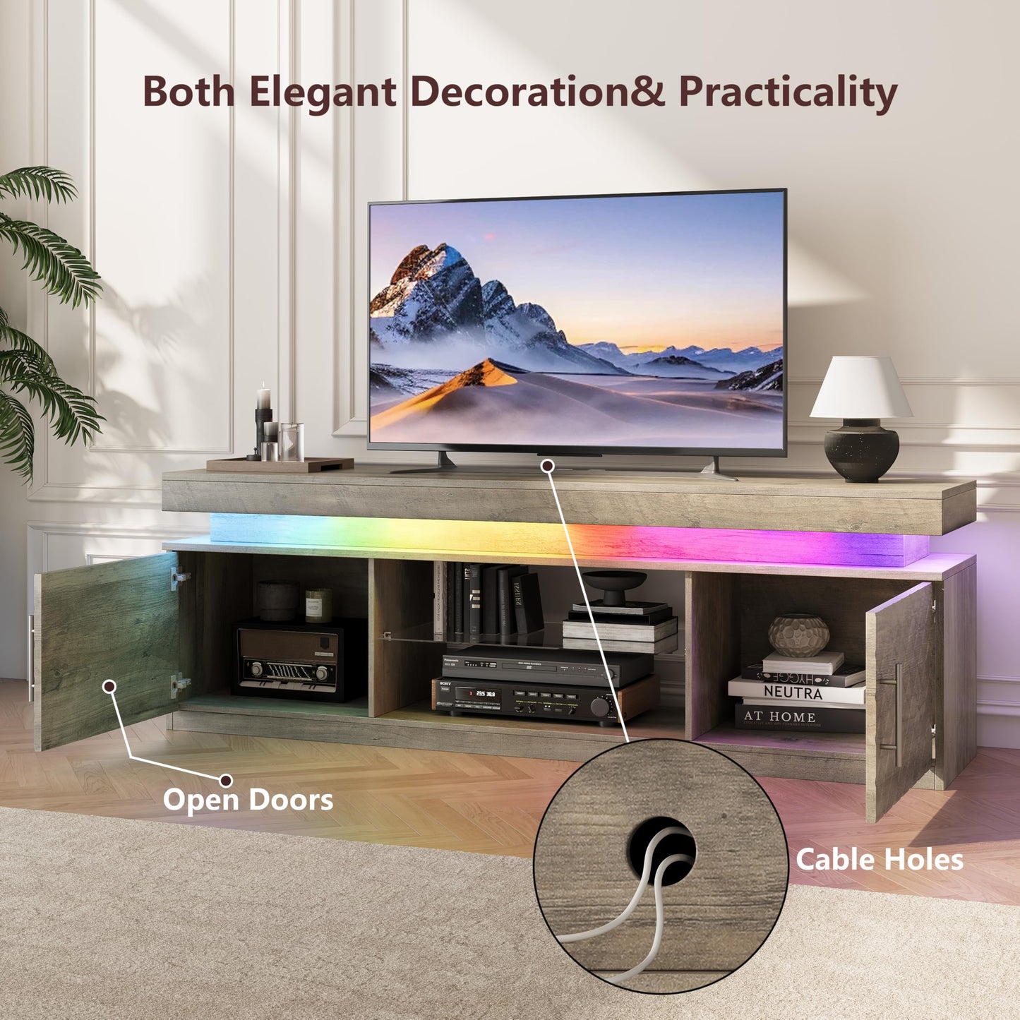 BOXACTION TV Stand for TVs Up to 65 Inch, Entertainment Center with Power Outlet, RGB LED Lights, Adjustable Glass Shelf, Storage Cabinets, Media Console Table for Living Room, Grey