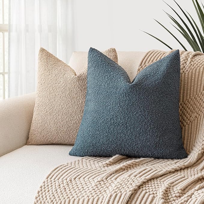 Foindtower Decorative Textured Boucle Throw Pillow Covers Accent Solid Pillow Cases Neutral Soft Cozy Couch Cushion Case for Chair Sofa Bedroom Living Room Home Decor 26 x 26 Inch,Blue