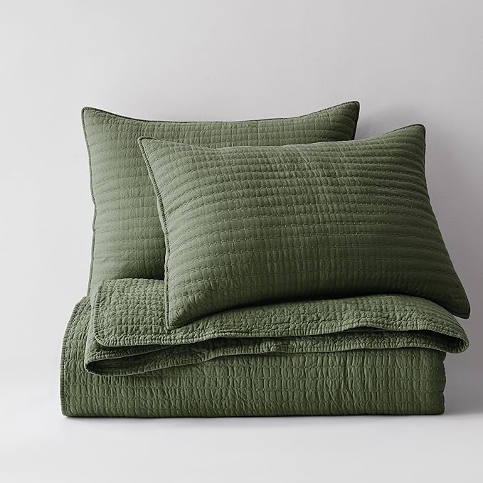 WDCOZY 100% Cotton Twin Size Quilt Set - Olive Green Striped Pick Stitch Soft Lightweight Bedspread, Textured Like Linen, Farmhouse Country Rustic Coverlet, Shabby Chic Gauze Bedding, 2 Pieces