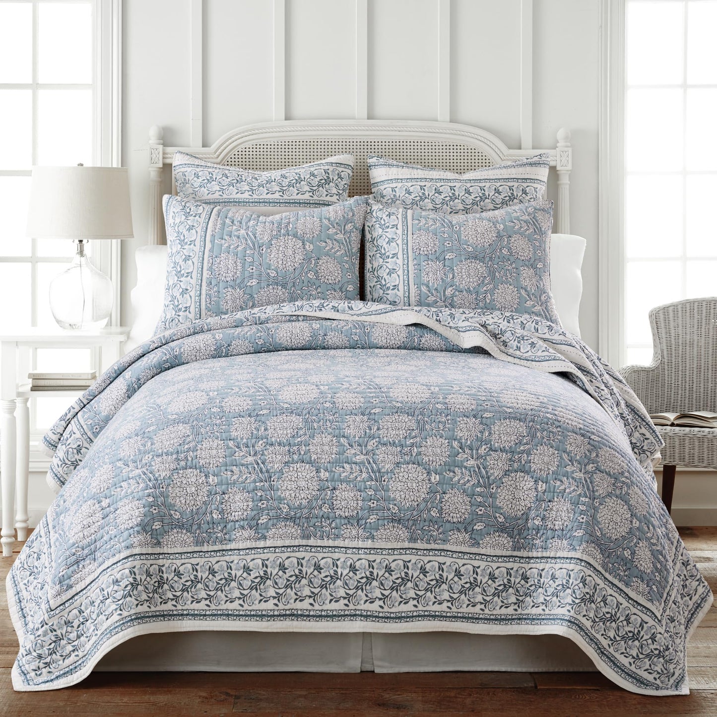 Levtex Home Adare Blue Reversible Full/Queen Quilt Set (88x92in) with 2 Pillow Shams (26x20in) - Floral Bedding - Blue White - Cotton Full/Queen Size Quilt Bedding Set - Lightweight, Soft, Pre-Washed