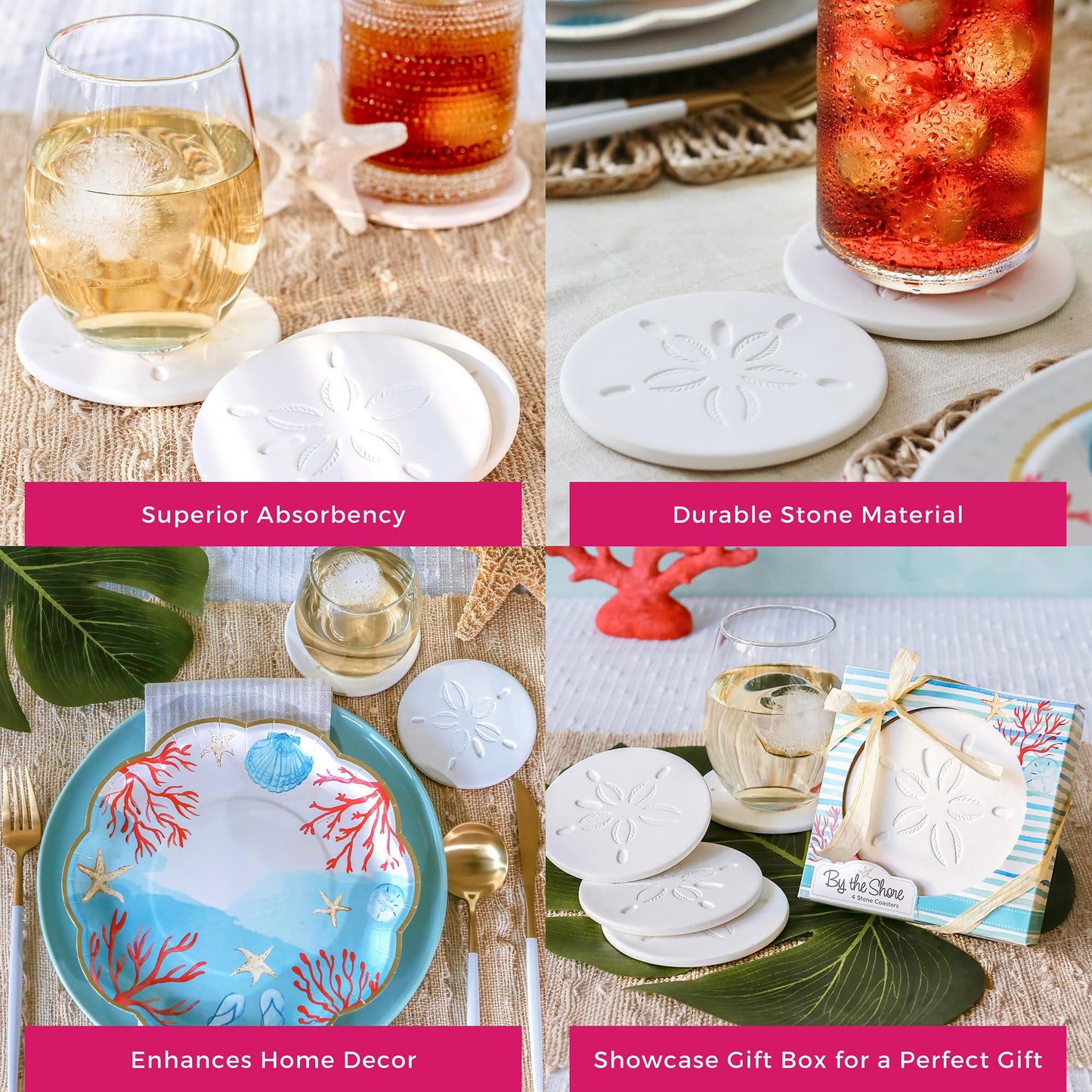 Kate Aspen Absorbent Sand Dollar Drink Coasters Set of 4– Coastal Decor, Nautical Home Decorations, Housewarming Gift, & Beach Themed Coasters for Drinks