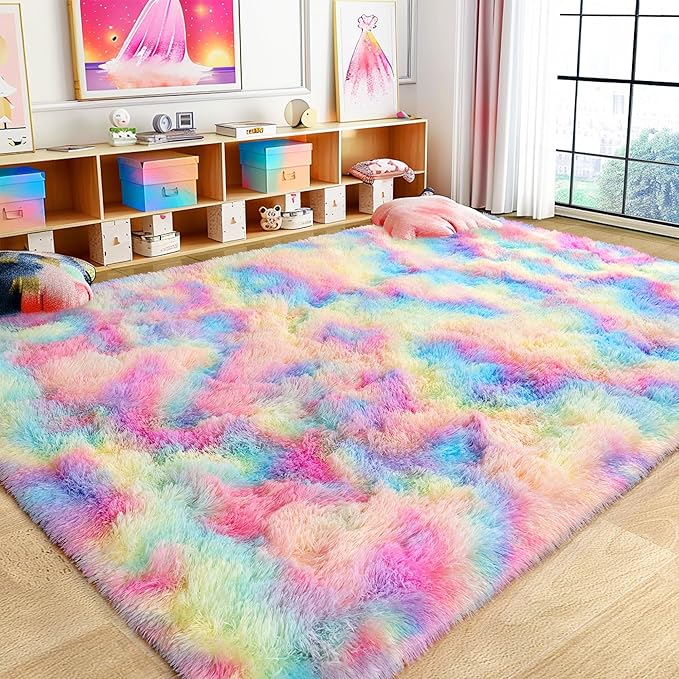 Large 9x12 Area Rug for Living Room, Ultra Soft Shag Thick Fluffy Plush Fuzzy Carpet for Bedroom, Girls Boys Kids Room Non Slip Dorm Rug for Home Decor Aesthetic, Rainbow
