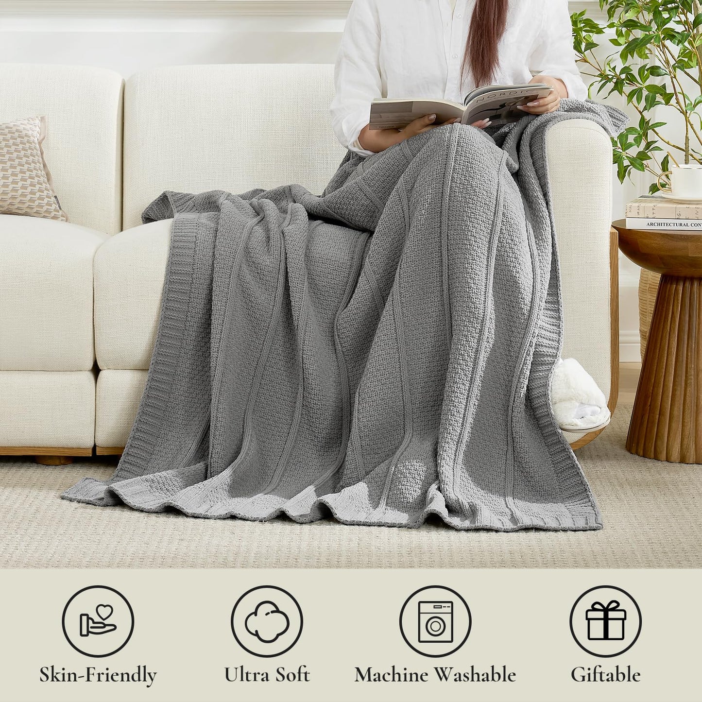 Amélie Home Premium Chenille Throw Blanket, Soft Cozy Moss Stitch Knit Blanket for Couch, Sofa, Chair, Home Decor, Grey 50"x60"