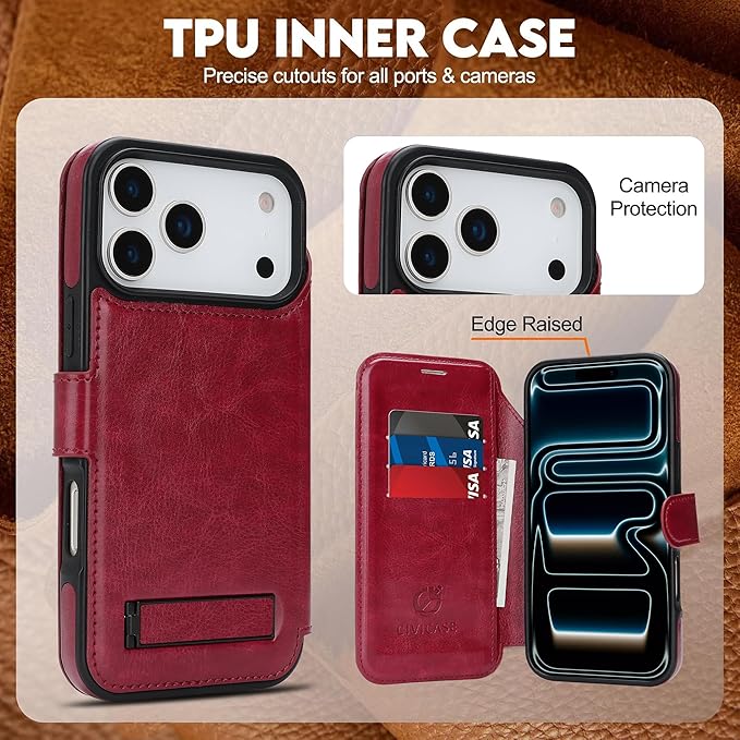 CIVICASE for iPhone 17 Pro Wallet Case with Stand,PU Leather Flip Credit Card Holder Slots (RFID Blocking),Compatible with Magsafe Magnetic Holder Phone Cover Women Men,Wine Red
