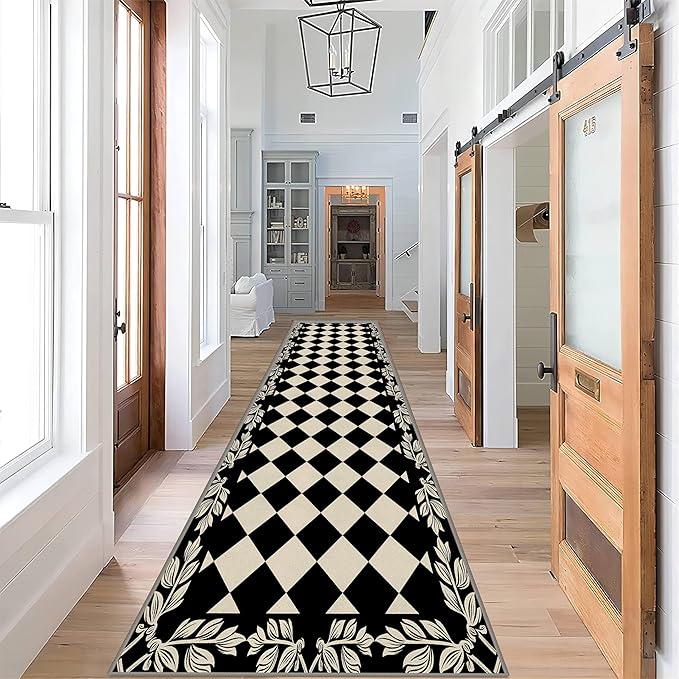 Modern Black White Checkered Pattern Runner Rug, 2.6x7ft, Abstract Neutral Farmhouse Decor Rugs for Living Room, Non-Shedding Low Pile Soft Foldable Carpet for Family Kitchen