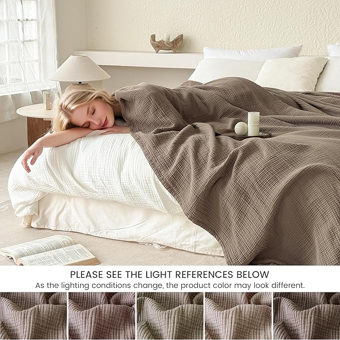 FALUCA Cotton Muslin Reversible Blanket 50x60 Inches for Bed, Couch, Four Layers Blanket, Soft Lightweight Cozy Breathable Farmhouse Decoration for All-Season, Brown