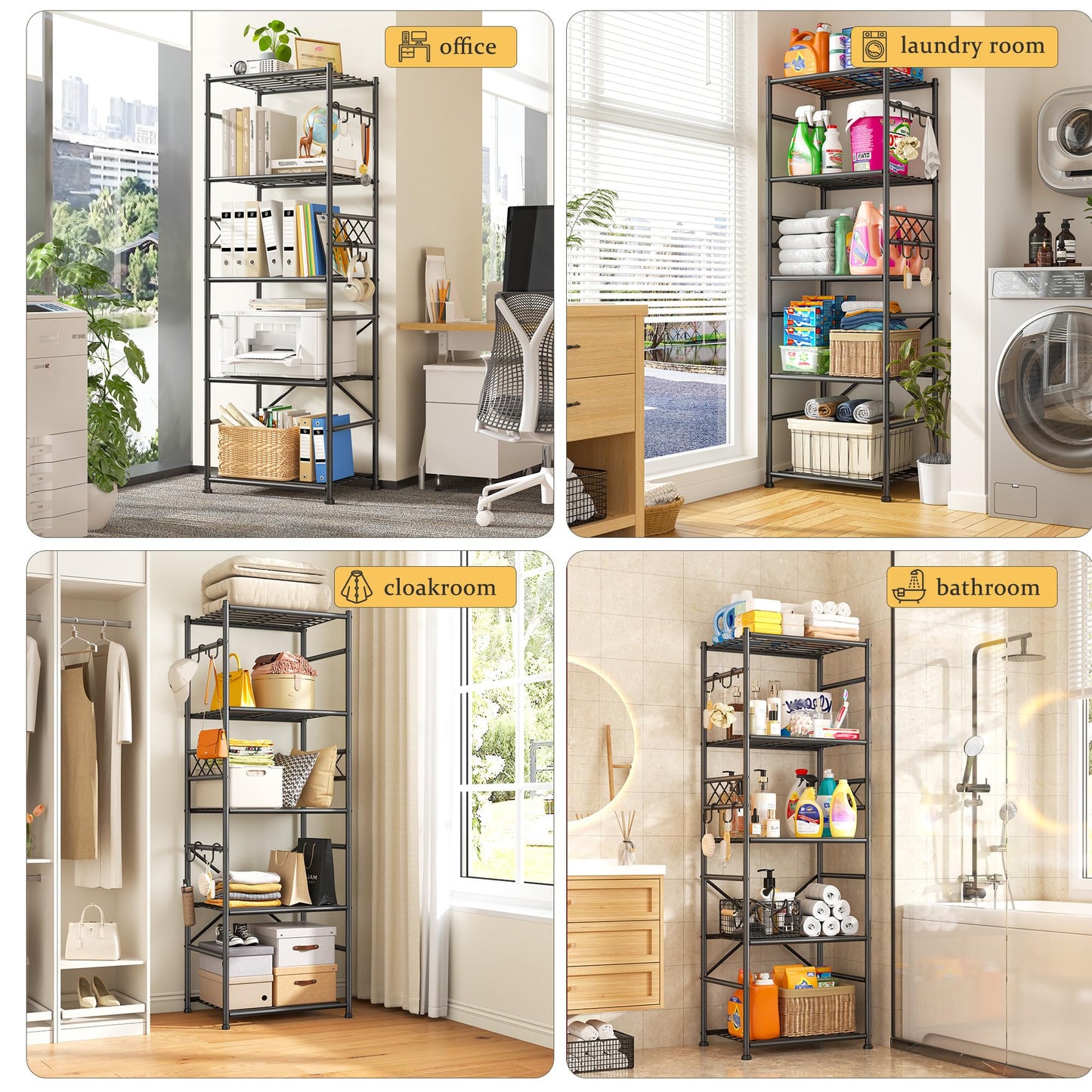 DurayLoly 2 Set Metal Shelving 5 Tier, Storage Shelves with Hooks Save Sapce, Wobble-Free Garage Shelving with Leveling Feet, Metal Shelves for Kitchens, Pantries, Bathrooms, 17.7”W×11.8”D ×58.3”H