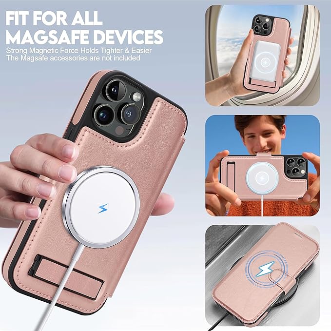 CIVICASE for iPhone 14 Pro Wallet Case with Stand,PU Leather Flip Credit Card Holder Slots (RFID Blocking),Compatible with Magsafe Magnetic Holder Phone Cover Women Men,Rose Gold