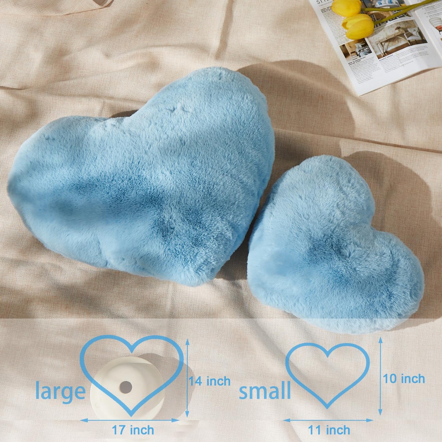 YRXRUS Heart Pillows, Love Heart Shaped Pillow, Small Cute Blue Heart Pillows for Gifts, Faux Rabbit Throw Pillows for Her, Kids, Girls Home Decoration, 10X11 Inch