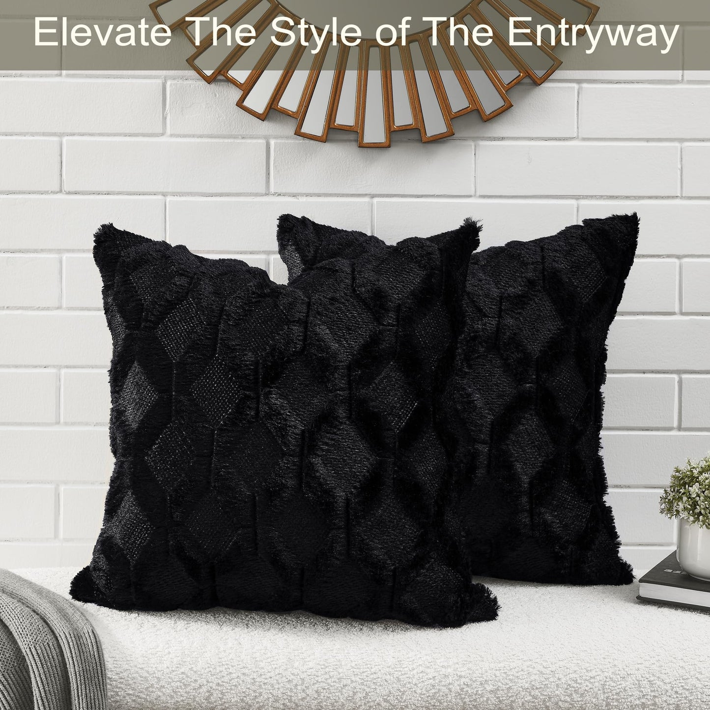 Volcanics Pack of 2 Faux Wool Throw Pillow Covers 20x20 Inches Decorative Farmhouse Velvet Couch Pillow Case Soft Plush Square Boho Cushion Pillowcase, Black