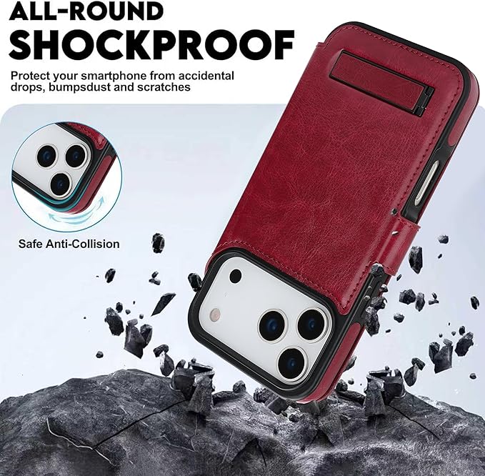 CIVICASE for iPhone 17 Pro Wallet Case with Stand,PU Leather Flip Credit Card Holder Slots (RFID Blocking),Compatible with Magsafe Magnetic Holder Phone Cover Women Men,Wine Red