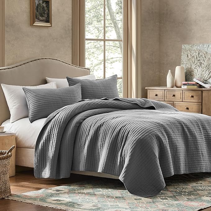 WDCOZY 100% Cotton Twin Size Quilt Set - Grey Striped Pick Stitch Soft Lightweight Bedspread, Textured Like Linen, Farmhouse Country Rustic Coverlet, Shabby Chic Gauze Bedding, 2 Pieces