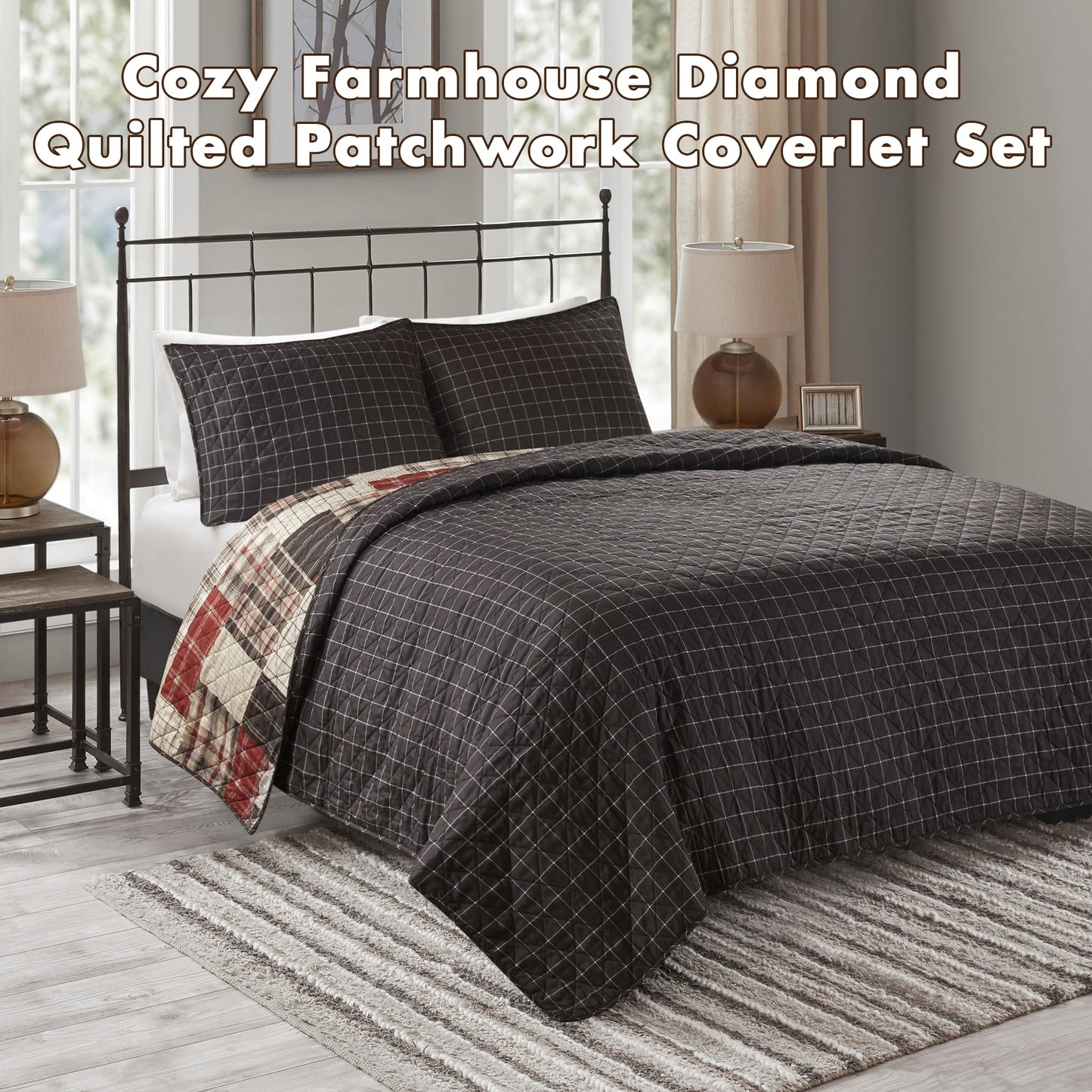 Madison Park Queen Quilt Set Patchwork Farmhouse, Diamond Quilting Reversible Coverlet Set for Queen Size Bed, Plush Cotton Filled Quilt Set Queen Size, Shams Full/Queen Red/Black 3 Piece