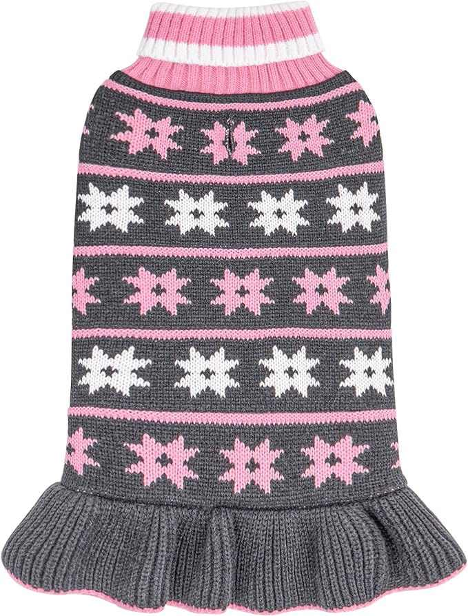 KYEESE Dog Sweater Fall Winter Dogs Clothes Warm Dog Coats Knit Turtleneck Pet Sweater Dress with Classic Snowflake Pattern Pullover for Girl Pet Sweater with Leash Hole for Small Dogs, Grey, Small