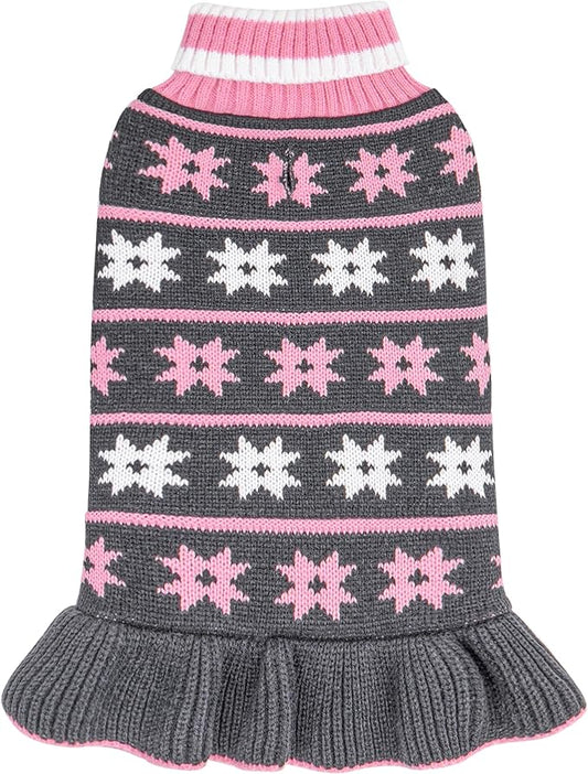 KYEESE Dog Sweater Fall Winter Dogs Clothes Warm Dog Coats Knit Turtleneck Pet Sweater Dress with Classic Snowflake Pattern Pullover for Girl Pet Sweater with Leash Hole for Small Dogs, Grey, Small