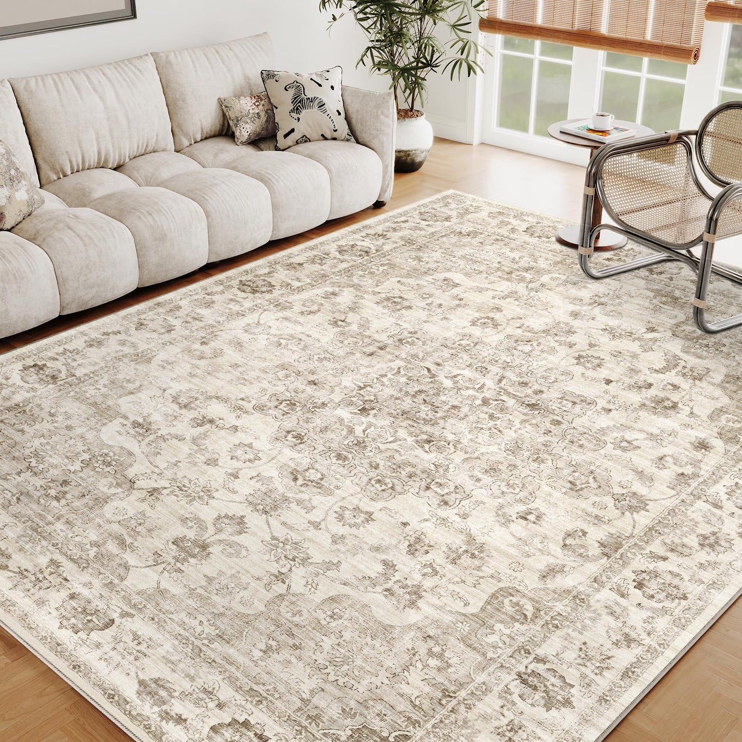 WondRg 5x7 Washable Neutral Area Rug Beige Vintage Living Room Bedroom Carpet Non-Slip Soft Low Pile Farmhouse Indoor Throw Rug for Dining Room Entryway Office