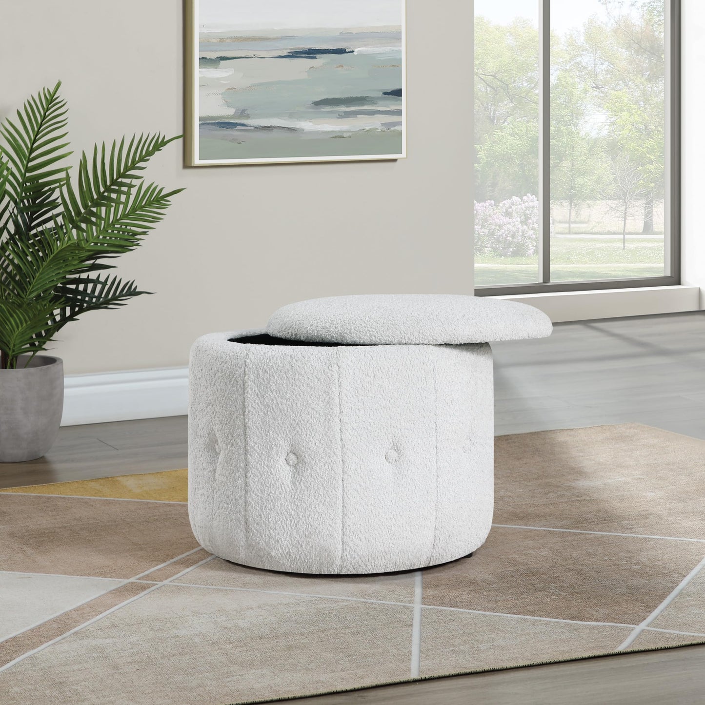 OSP Home Furnishings Brayfield Round Upholstered Storage Ottoman, Sherpa Parchment Fabric