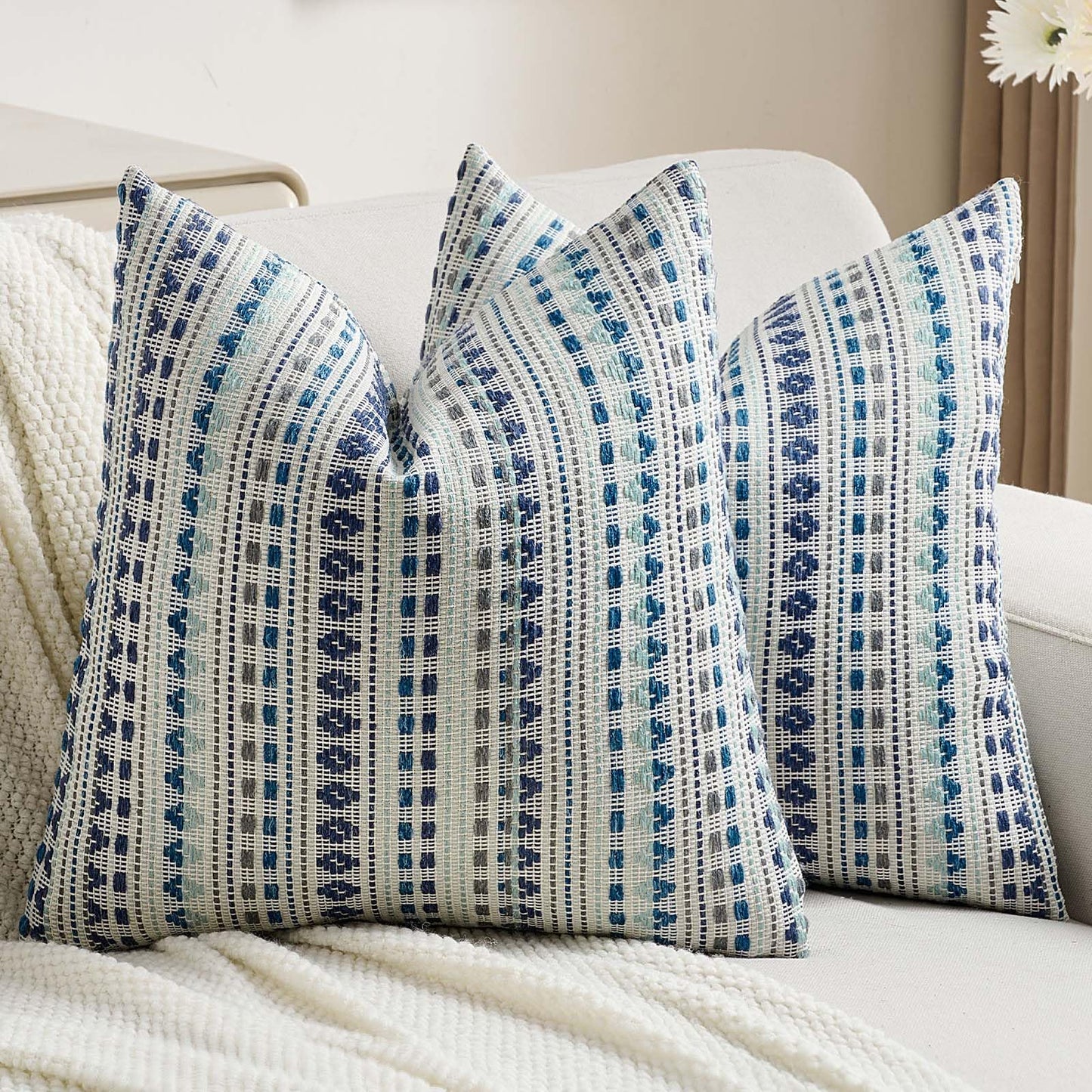 FUTEI Pack of 2 Chenille Jacquard Throw Pillow Covers 18x18 Inch Soft Cozy Woven Embroidery Coastal Decorative Cushion Case Boho Farmhouse Accent for Couch Bed Living Room, Blue Grey