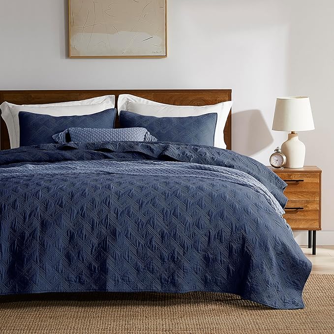 WDCOZY 100% Cotton King Size Quilt Set - Navy Blue Pre-Washed Soft Lightweight Modern Bedspread, Farmhouse Country Rustic Coverlet, Textured Like Linen, Shabby Chic Gauze Bedding, 3 Pieces