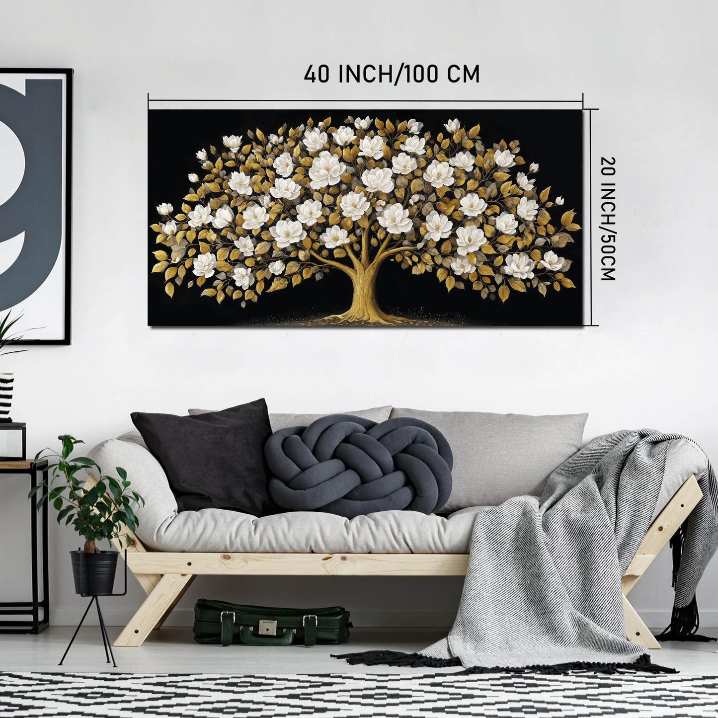 ORKARLUMENT Large Tree of Life Wall Art for Living Room Gold and White Floral Modern Artwork for Bedroom Office Canvas Prints 20"x40"