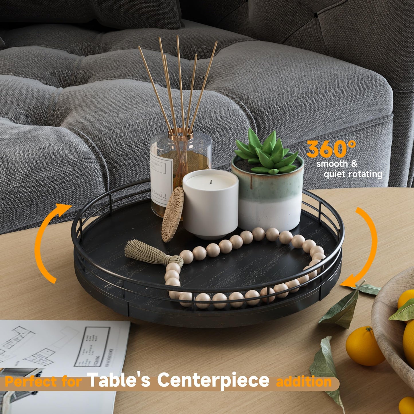 9" Oak Bathroom Vanity Tray Turntable for Perfume Candle, Round Wooden Decorative Tray for Kitchen Sink Countertop Organizer, Bathroom Counter Organizer for Skincare Makeup, Farmhouse Black Gold