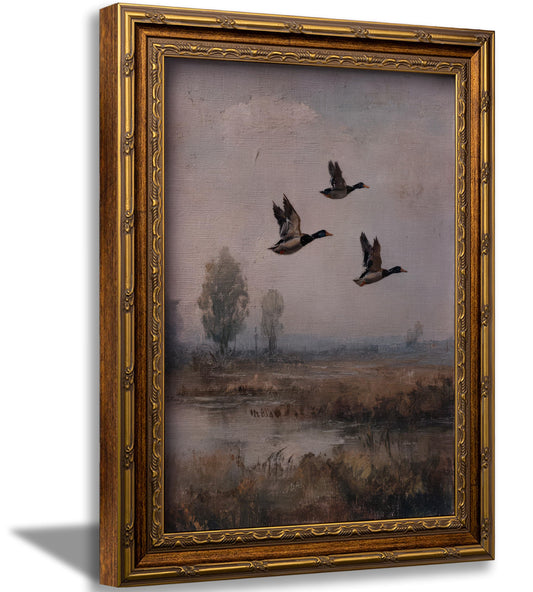Vintage Gold Framed Flying Duck Wall Art Mallard Duck Canvas Wall Decor Rustic Mallard Poster Artwork Retro Rustic Farmhouse Animal Picture for Home Living Bedroom Farmhouse Hallway