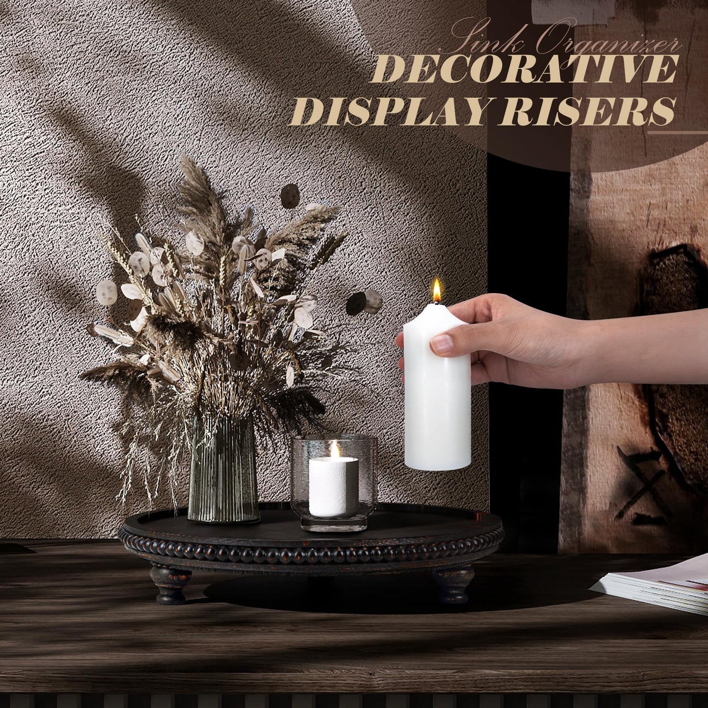 EOSAHR Rustic Round Pine Wooden Display Riser – Beaded Pedestal Stand for Decor, Kitchen Counter Organizer, Coffee table & Cake Stand - Decorative Display Risers for Living Room Decor (Old Black)
