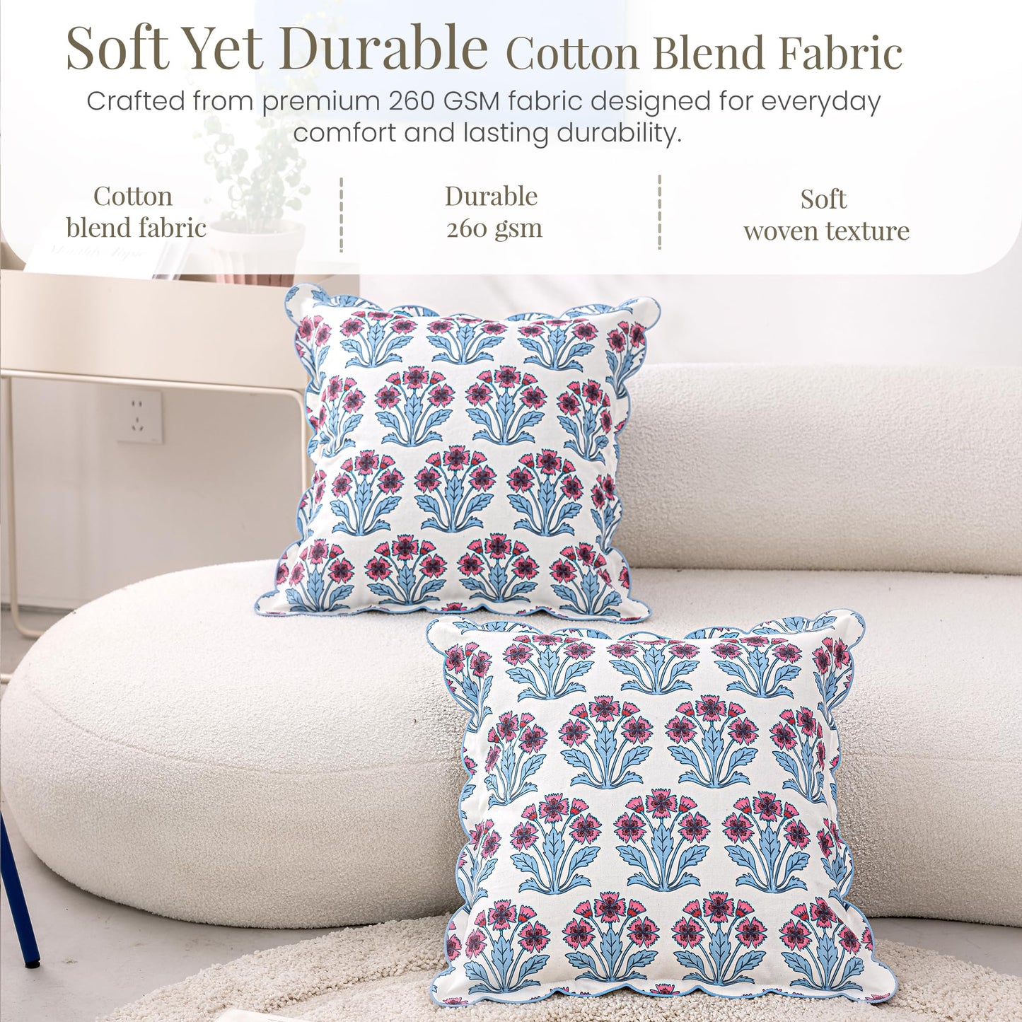 DrapePalette - Scalloped Throw Pillow Covers with Block Print Floral Patterns and Hidden Zipper - Pink Fern, 20 x 20 Inches Pack of 1 - Soft Indoor Pillow Case for Livingroom, Bedroom, or Lounge
