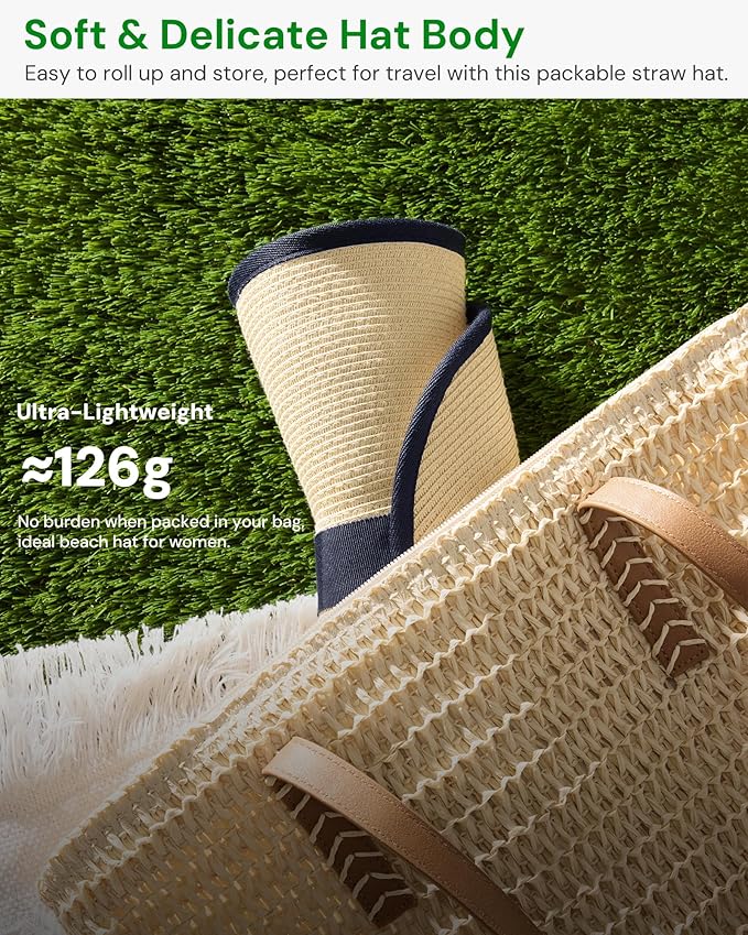 BENEUNDER Sun Visors for Women UPF50+ Foldable Wide Brim Straw Hats Packable Summer Ponytail Beach Hats for Travel
