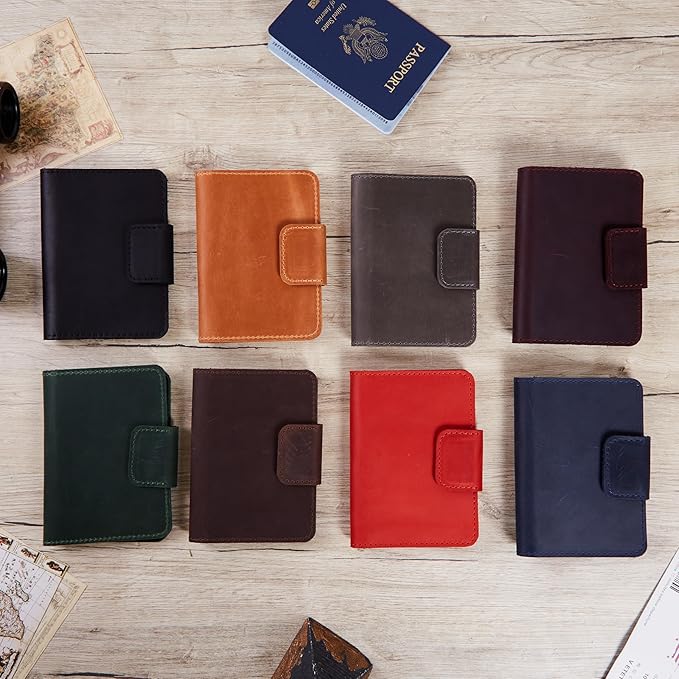 Blue Leather Passport Holder with AirTag Slot - Travel Passport Wallet Compatible with Airtag Passports Case with Card Slots & Note Compartment, Magnetic Closure, Genuine Leather, Vintage Blue