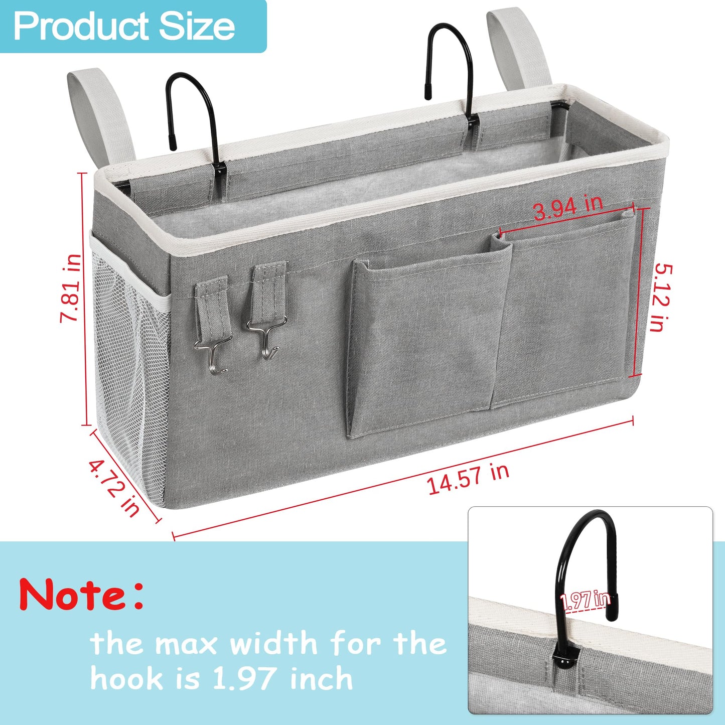 Loghot Bedside Caddy/Bedside Storage Bag Hanging Organizer for Bunk and Hospital Beds,Dorm Rooms Bed Rails,Can be Placed Glasses,Books,Mobile Phones,Keys (Grey)