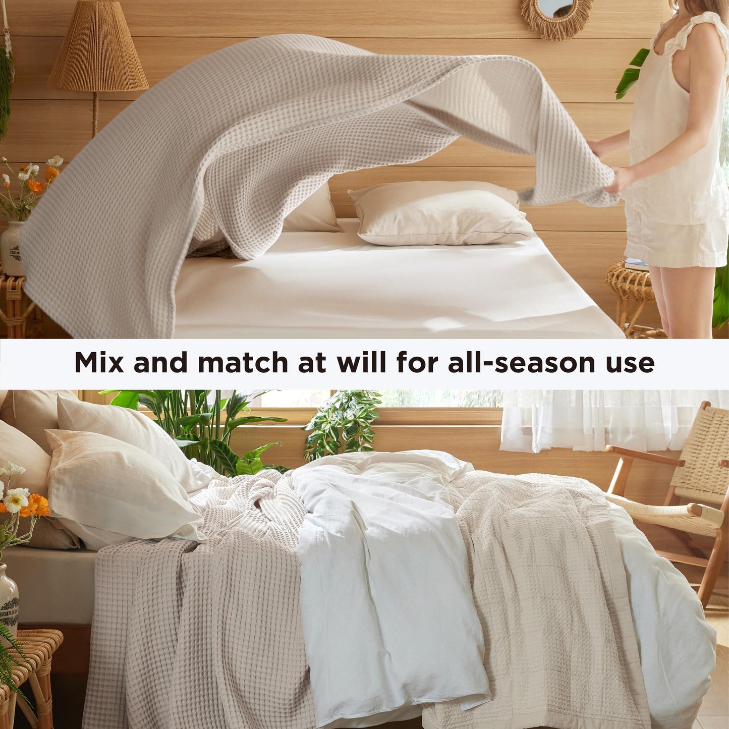 Bedsure 100% Cotton Waffle Weave King Size Blanket for Bed, Ultra Soft Summer King Blanket for Bed, Thin Lightweight Breathable Summer Bedding Gifts for Women, Men, Teens, Linen, 108" x 90"