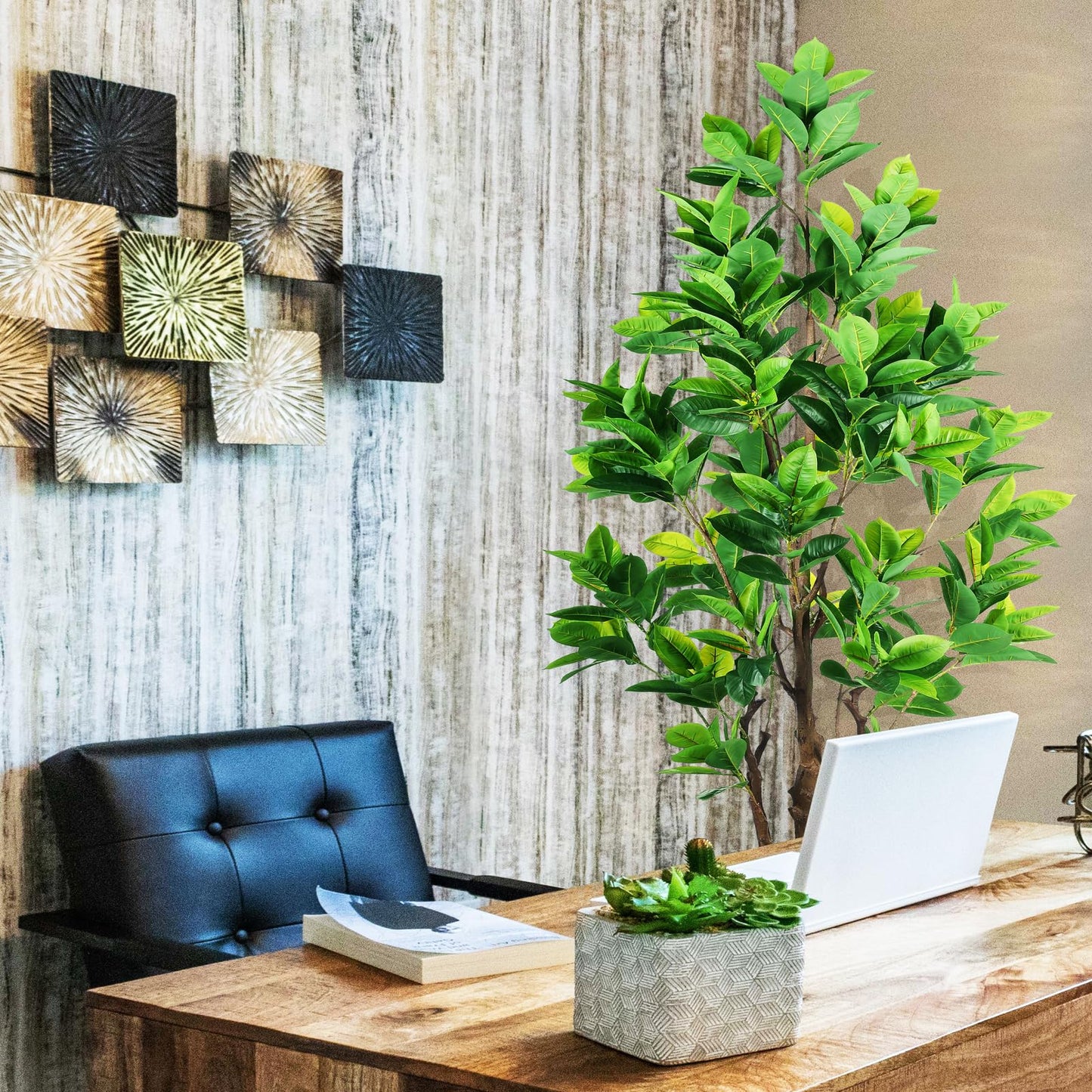 OXLLXO 7.2ft Artificial Rubber Tree (85in) with Plastic Nursery Pot Fake Tree, Faux Ficus Plant for Office House Farmhouse Living Room Home Decor (Indoor/Outdoor)