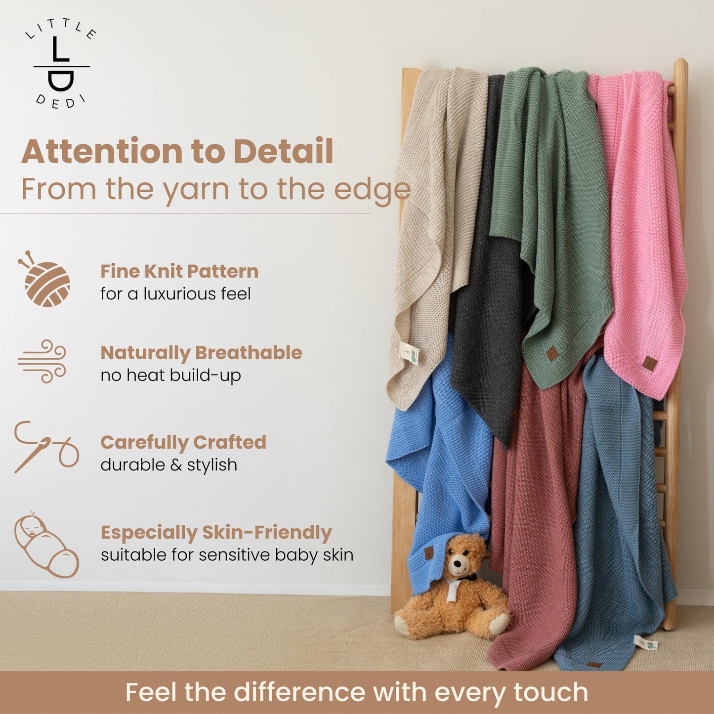 Little Dedi Soft Knit Baby Blanket 30x40 in, Stone – Oeko-Tex Certified, Breathable Swaddle & Receiving Blanket for Newborns, Crib & Stroller, Machine Washable