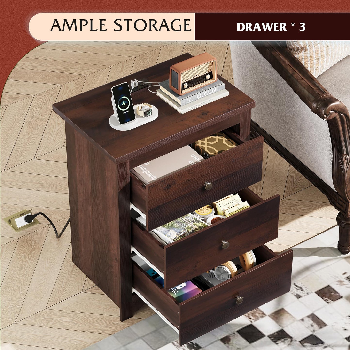 WLIVE Tall Nightstand with Charging Station, Wood Night Stand with 3 Drawers Storage, Bedside Table End Side Tables with 2 USB Ports and Outlets for Bedroom, Closet, Espresso