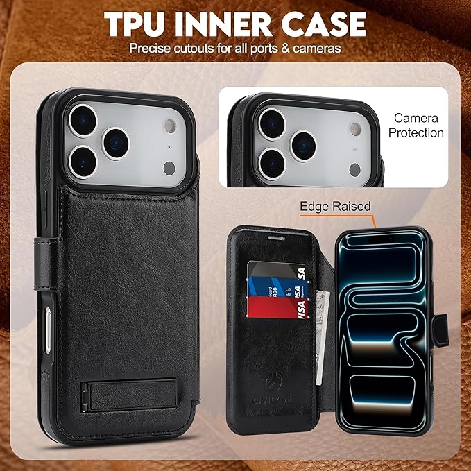 CIVICASE for iPhone 17 Pro Max Wallet Case with Stand,PU Leather Flip Credit Card Holder Slots (RFID Blocking),Compatible with Magsafe Magnetic Holder Phone Cover Women Men,Black