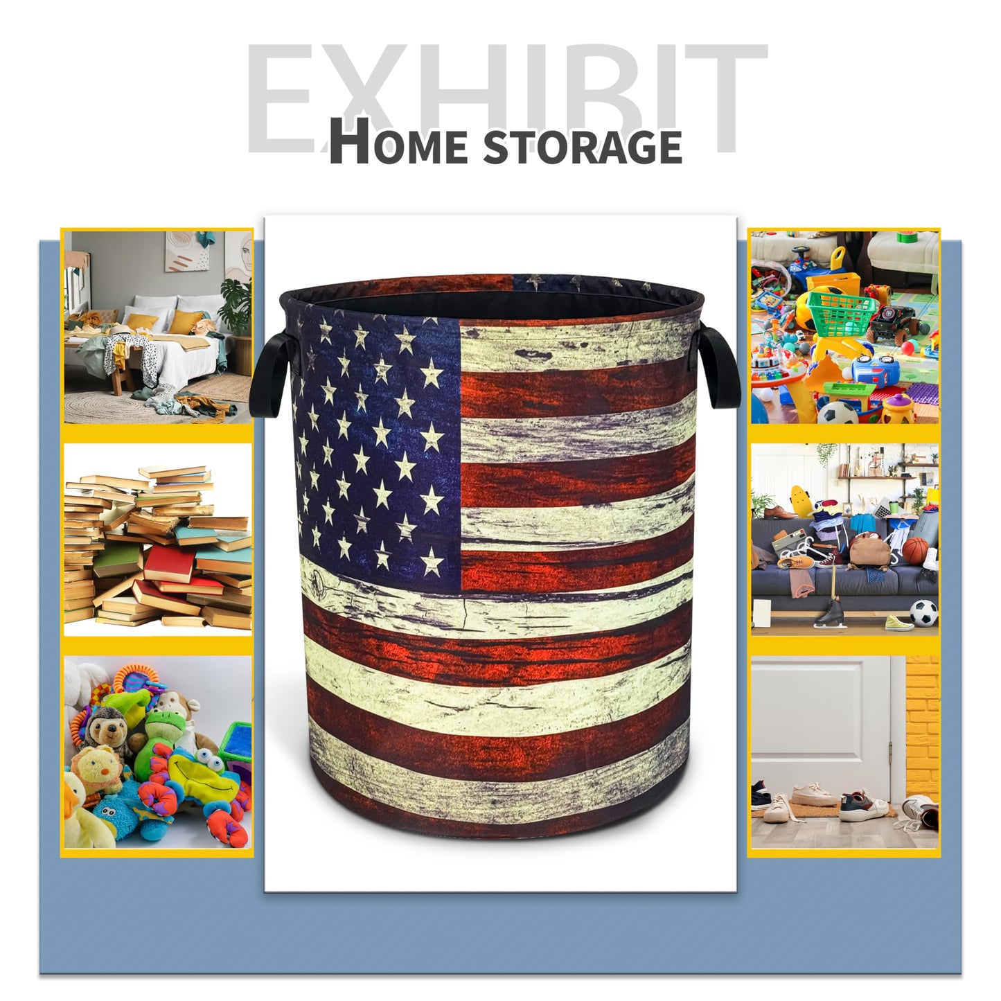 Retro American Flag Laundry Basket Patriotic Foldable Oxford Cloth Funny Tote Bag Laundry Hamper Clothes Storage Bucket Organizer For Bathroom/Laundry Storage/Bedroom 18.9x16.5 Inch