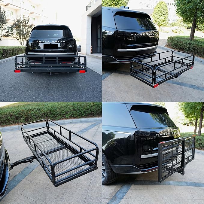 fouwick lugglage Basket 60x24x13 inches, Folds Flat, 600 Lbs Heavy Duty Hitch Cargo Basket with Waterproof Bag, Black，Luggage Storage (60X24X13 inch with Bag)
